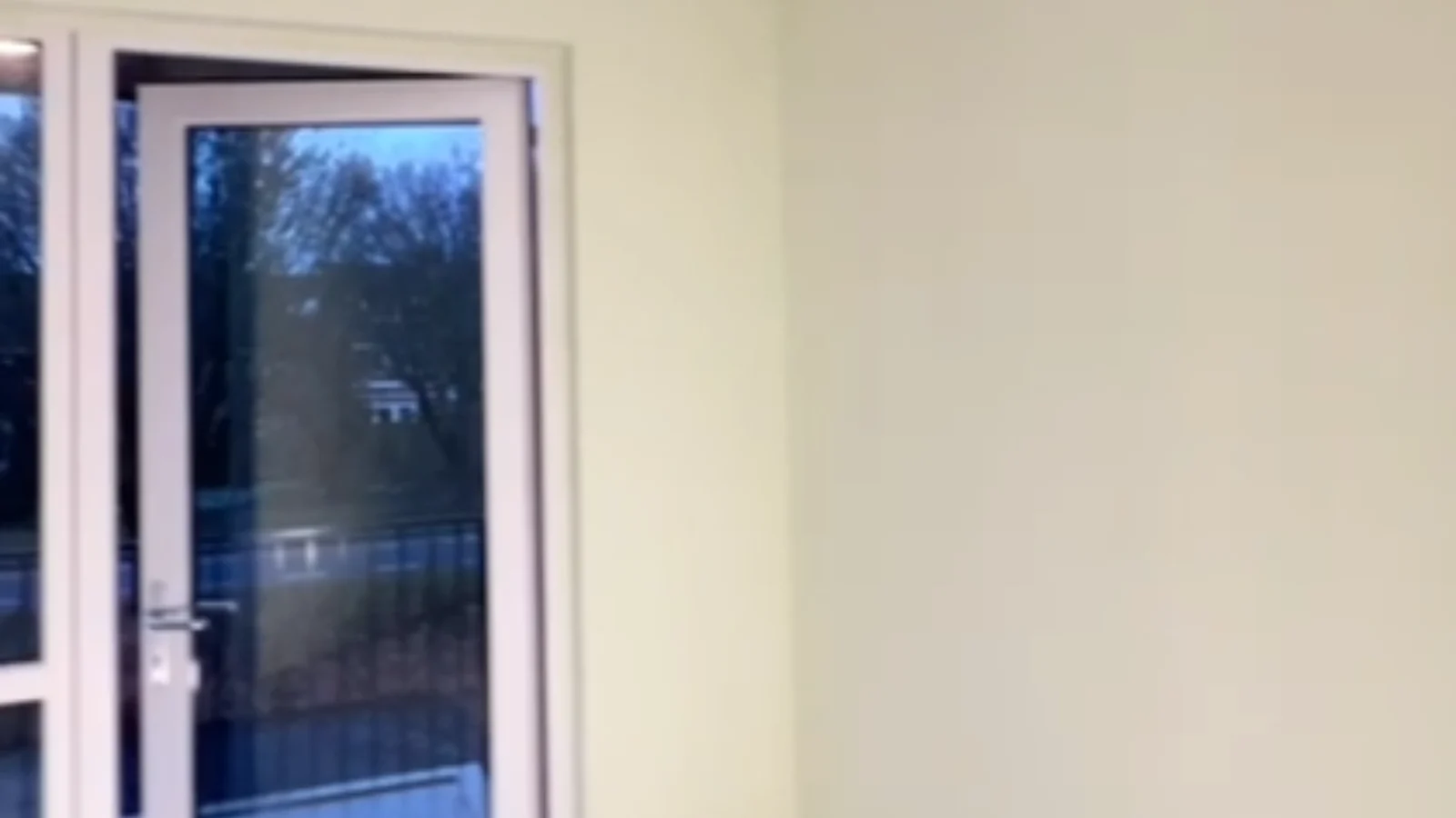 Open door to balcony with view of trees.